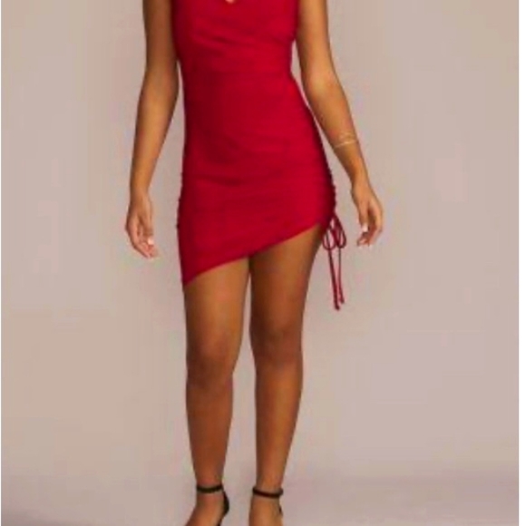 Morgan & Co Asym Bodycon Jersey Sheath Red Dress Size 12 Criss Cross Back - Picture 2 of 8
